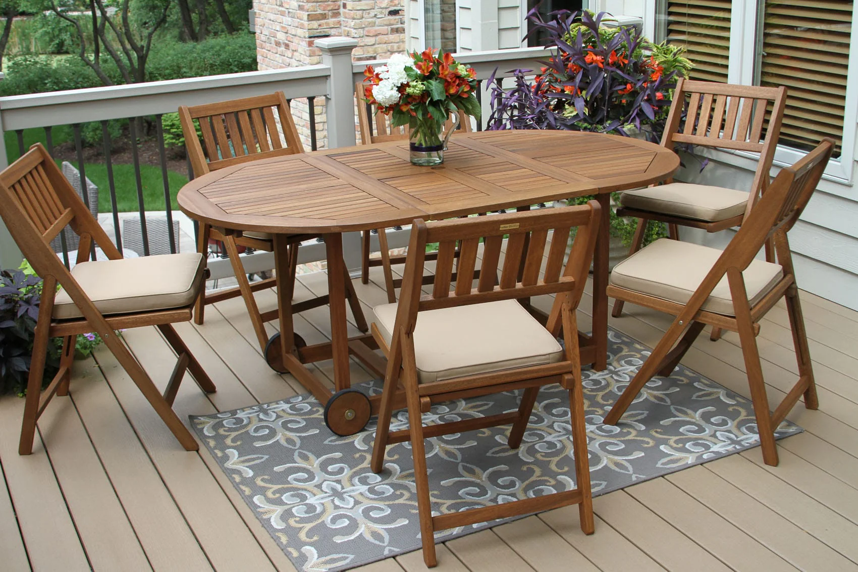 Outdoor Interiors, 7pc. Eucalyptus Oval Fold & Store Dining Set with Beige Cushions