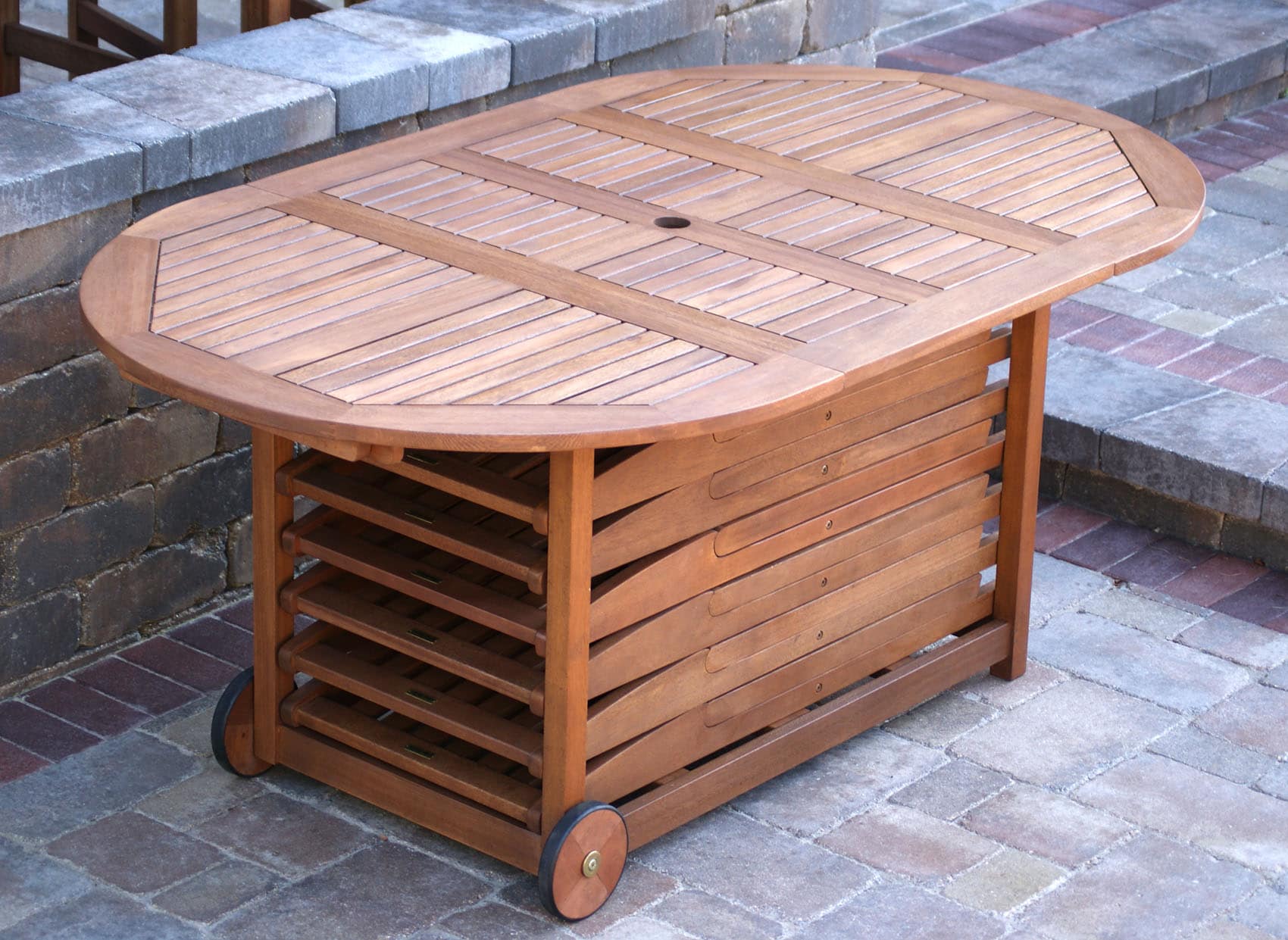 Outdoor Interiors, 7pc. Eucalyptus Oval Fold & Store Dining Set with Beige Cushions - Image 2