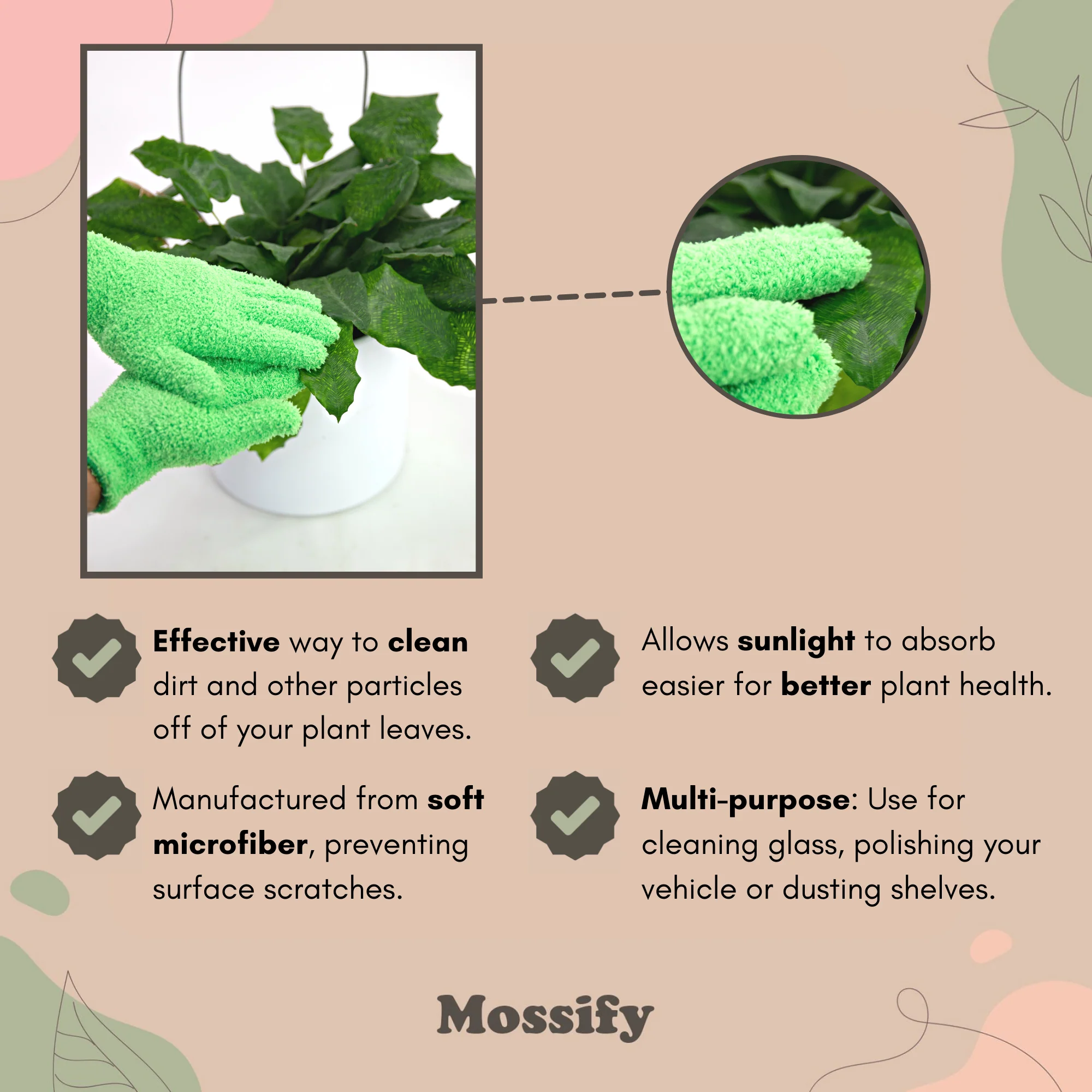 Mossify, Leaf Shining Microfiber Gloves, 1 Pair Green - Image 3