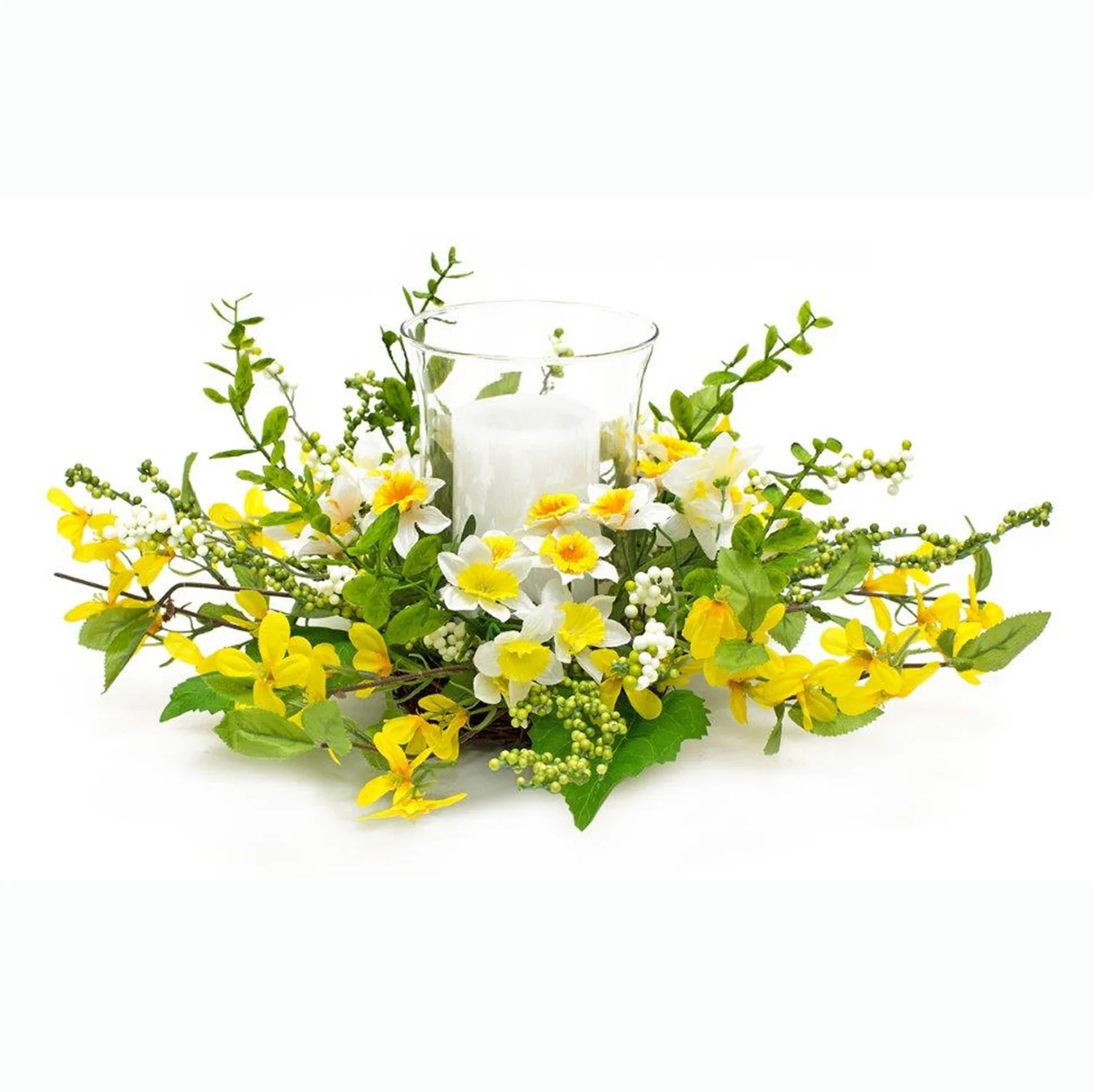 Narcissus/Forsythia Silk Floral Arrangement Candle Holder, 18" D x 8" H