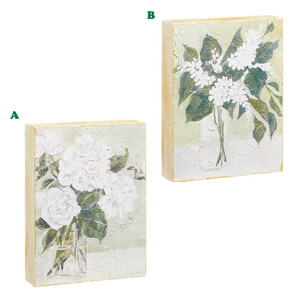 Raz, White Flowers In Vase Block Wall Art, Assorted & Sold Separately
