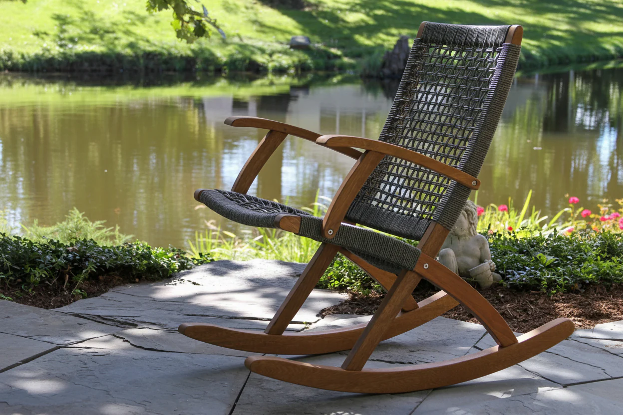 Outdoor Interiors, Grey Rope and Eucalyptus Modern Rocking Chair