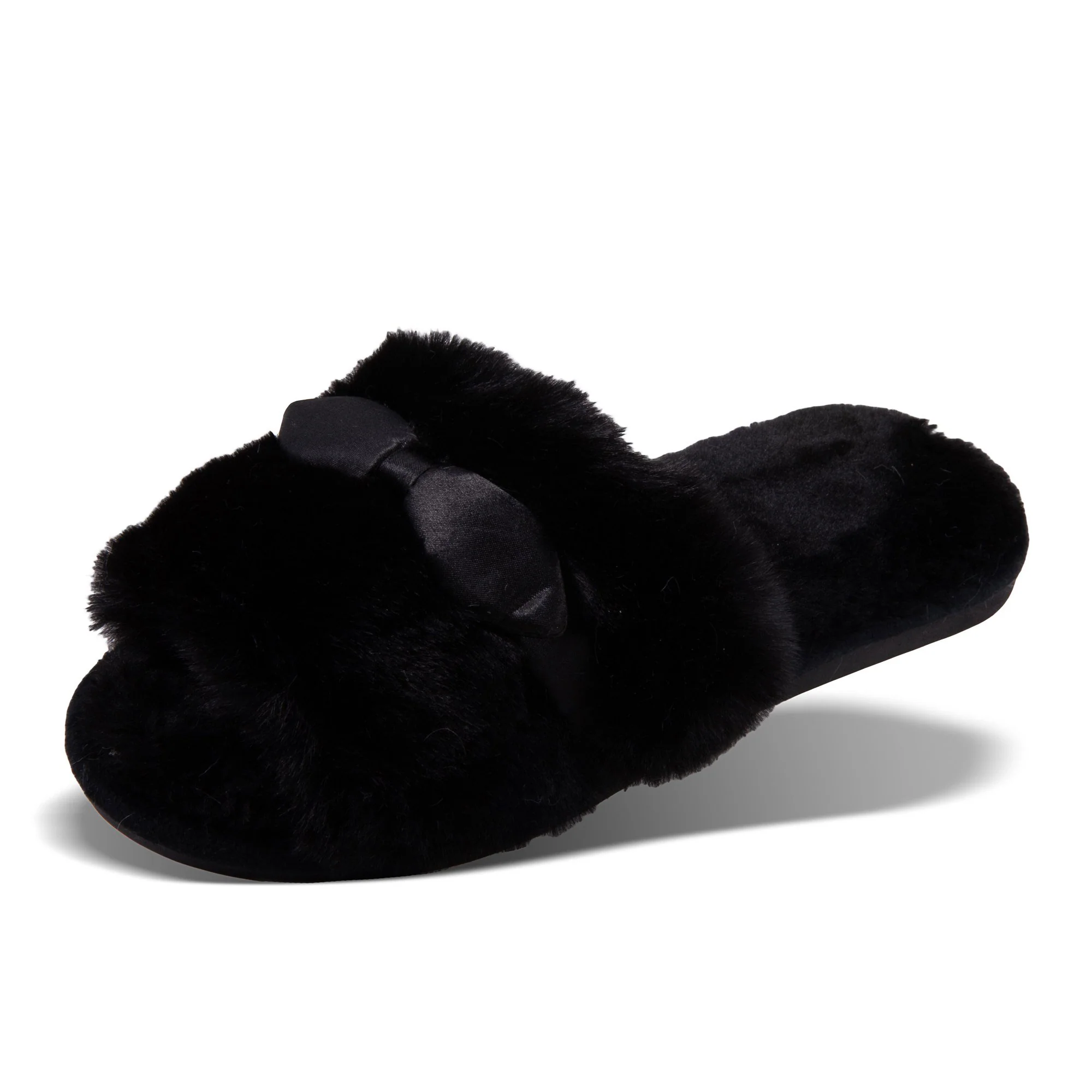 Satin Bow Slippers, Black, S