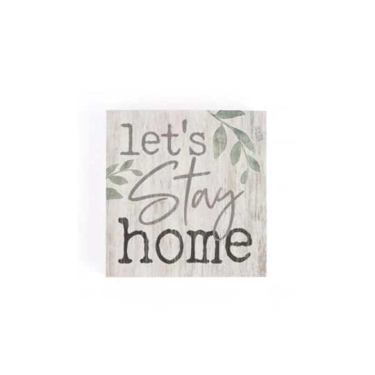 Word Block Wooden Sign, Let's Stay Home, 3.5"